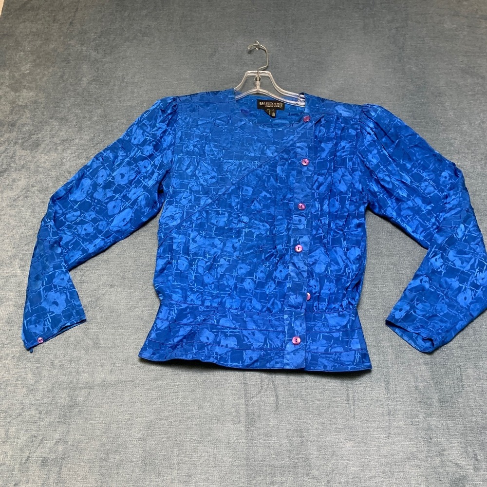 Nordstrom Point of View Blouse Top Womens 6 Blue Peplum Hem Asymmetrical Button